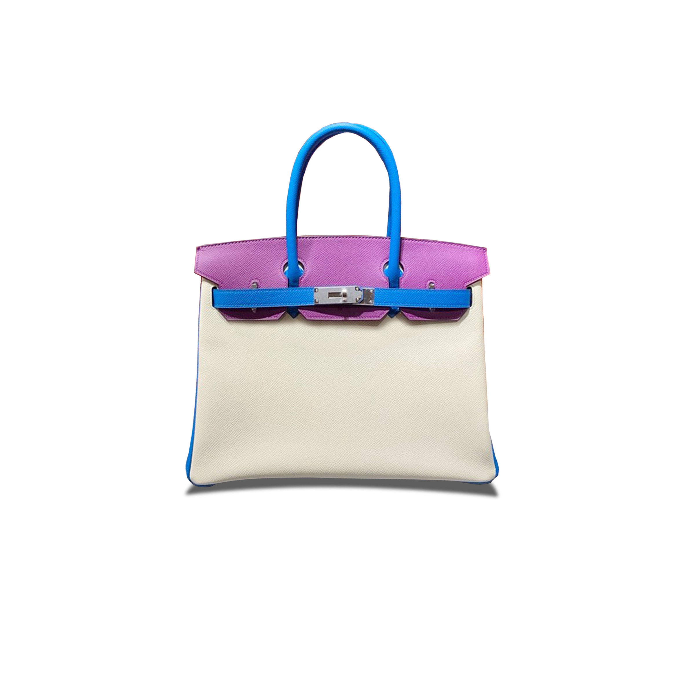 HERMES BIRKIN 30 EPSOM MILKSHAKE WHITE WITH WATER FAIRY BLUE AND ANEMONE PURPLE SILVER BUCKLE H028362CC07 (30*23*15cm)